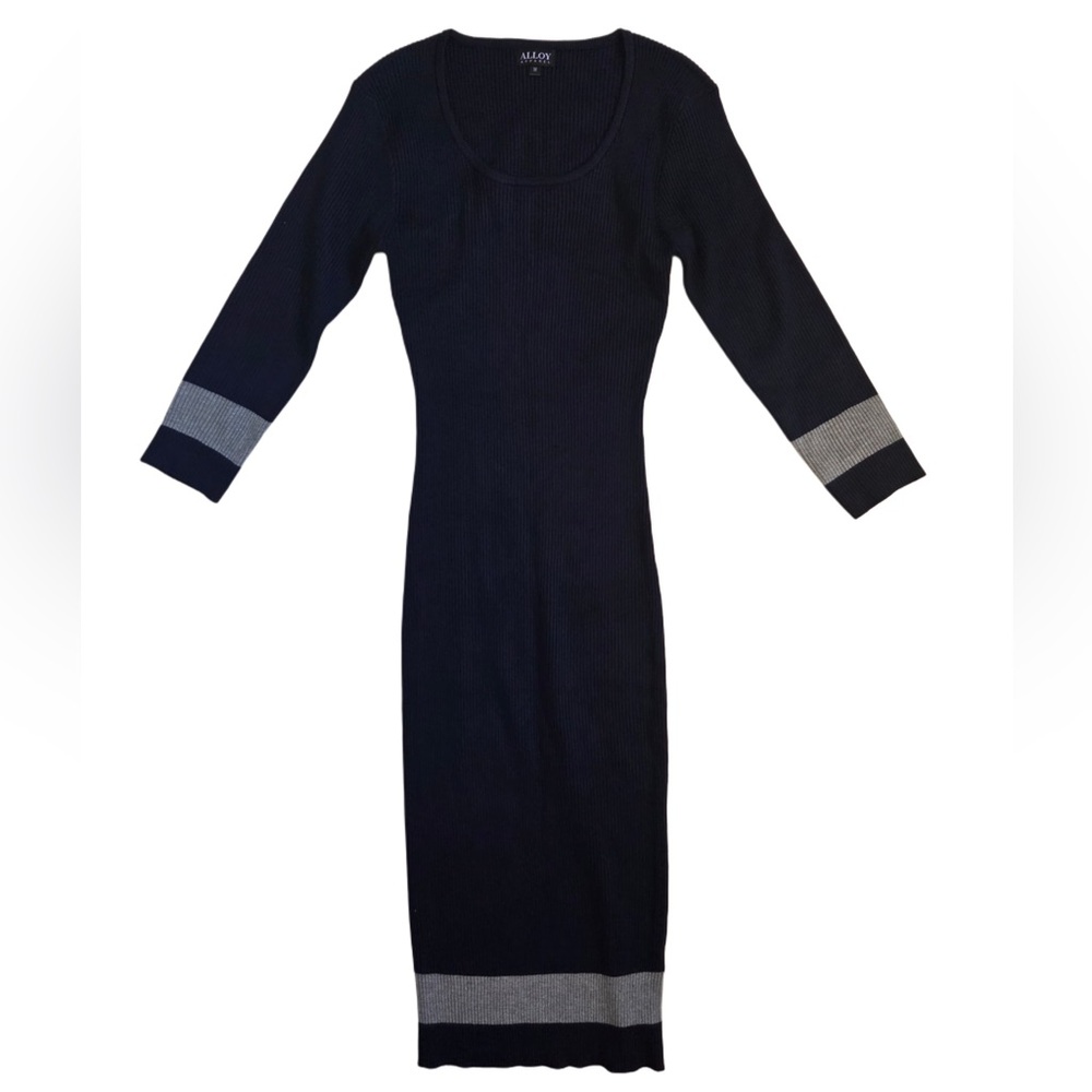 Alloy Long Sleeve Ribbed crew Neck Maxi Elegant Navy Blue and Gray Women's Dress
